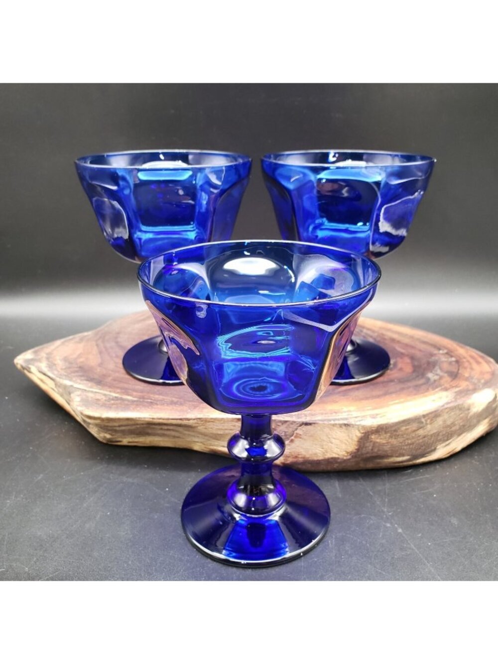 Bryce Cobalt Blue Champagne Glasses Set of 3 5" Paneled Tall Sherbet Vintage